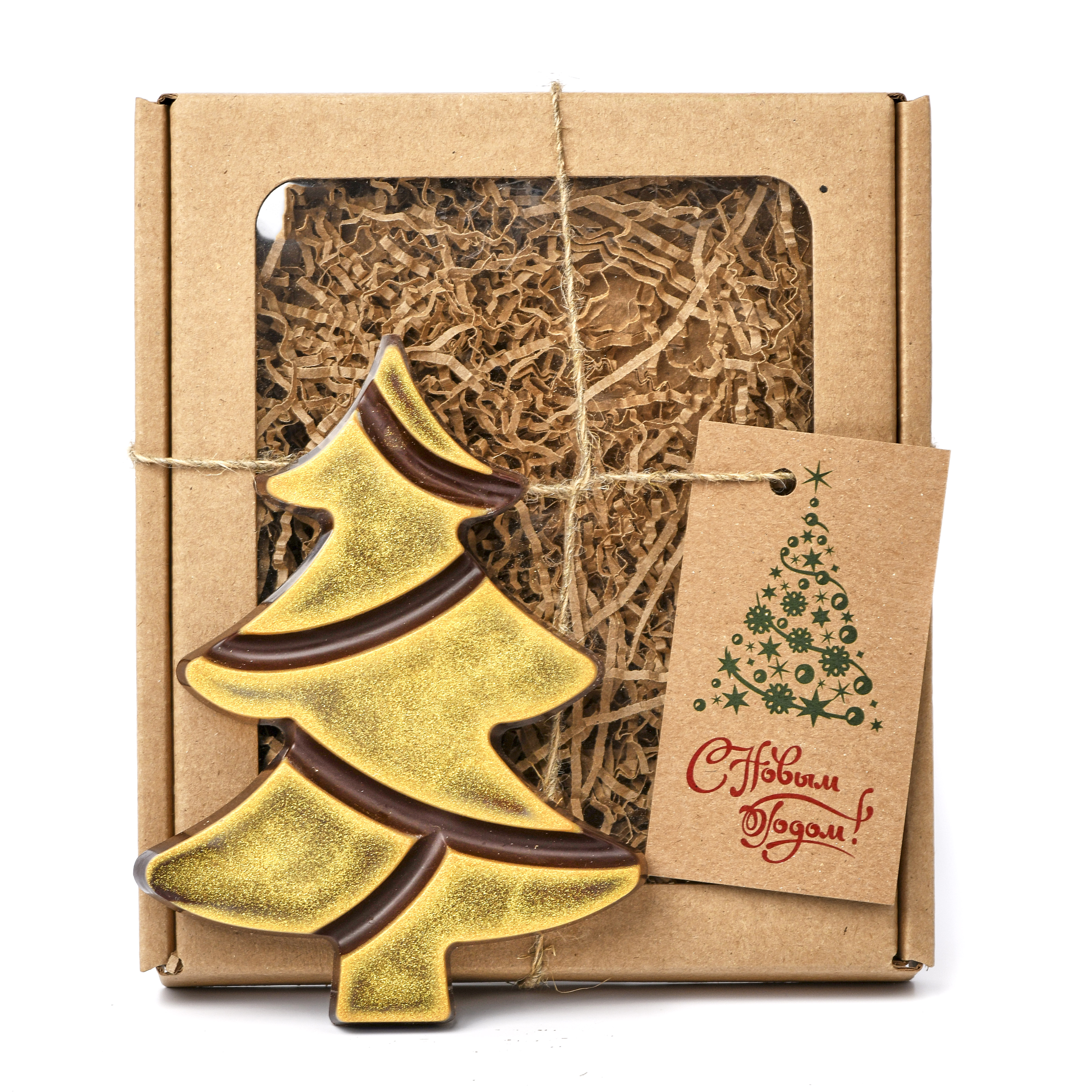 Ель крафт Новогодняя из натурального ароматного шоколада, в подарочной упаковке Золотая  - 55 г