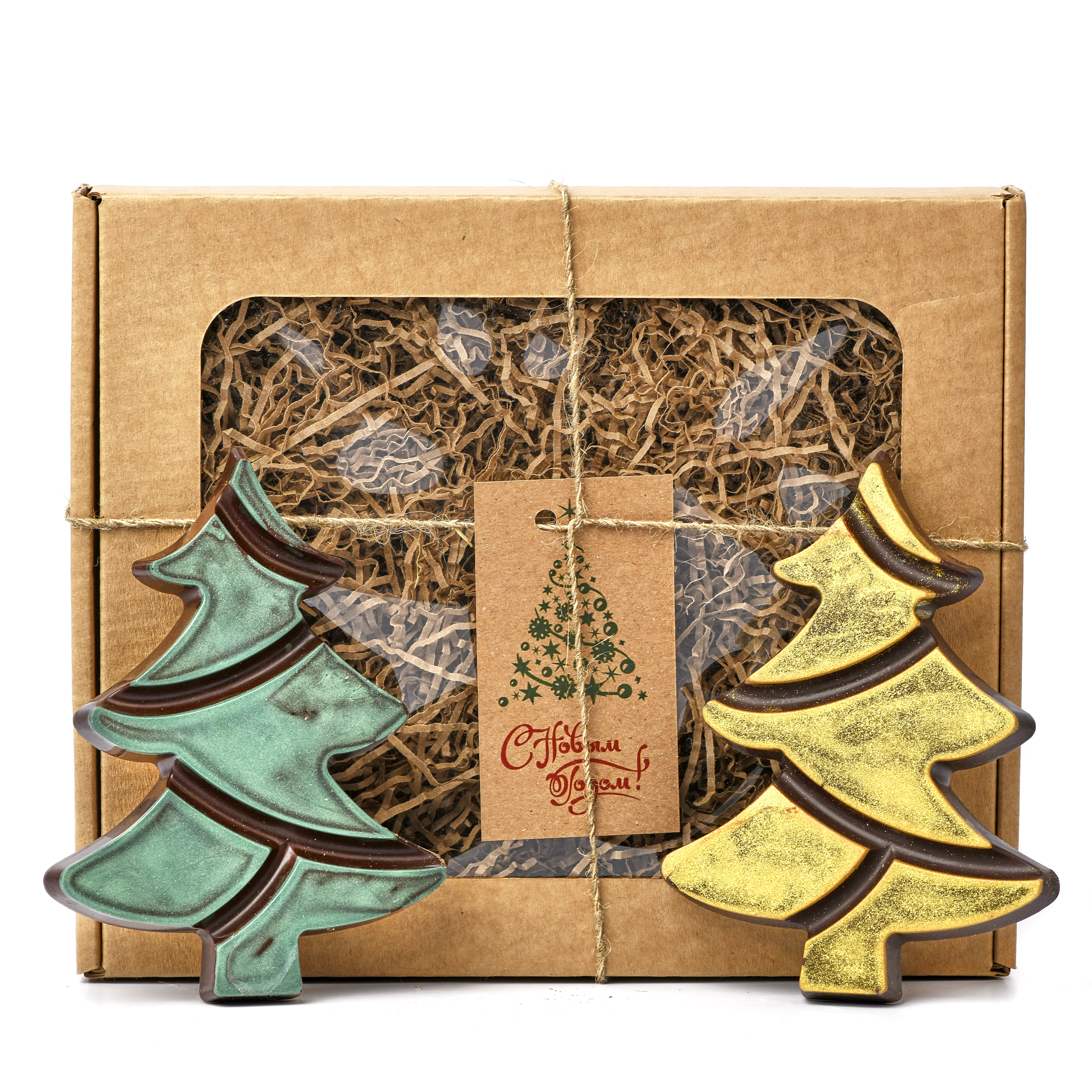 Ель крафт Новогодняя комплект из натурального и ароматного шоколада 2 шт, в подарочной упаковке Золотая и Зеленя - 110 г
