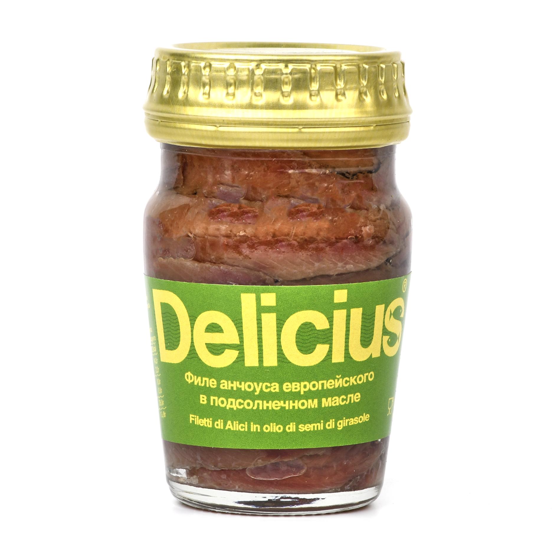 Анчоусы филе в подсолнечном масле, Delicius - 78 г