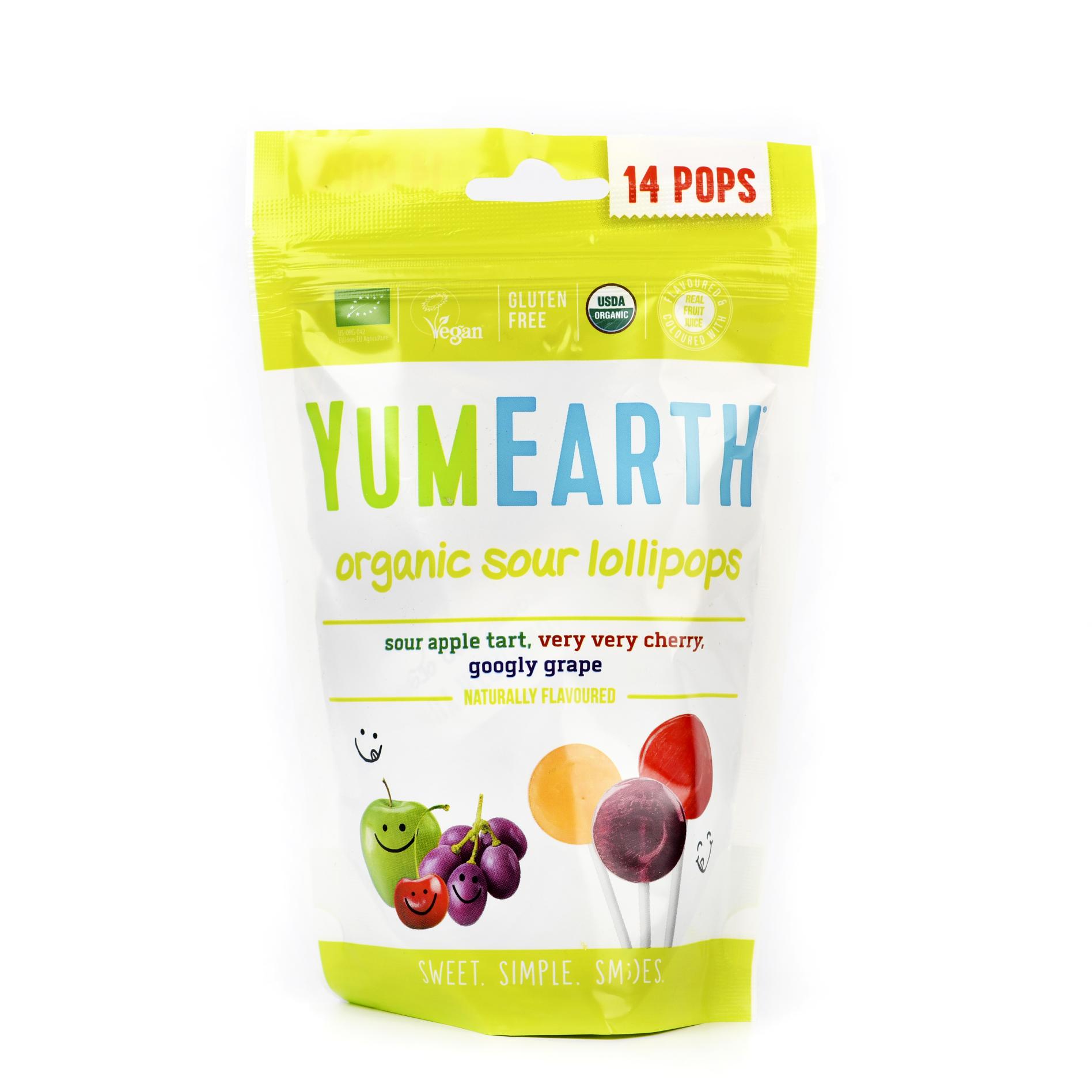 Органическая карамель Organic Sour Lollipops на палочке  со вкусами  вишня, терпкое яблоко, виноград  Yum Earth - 85 г