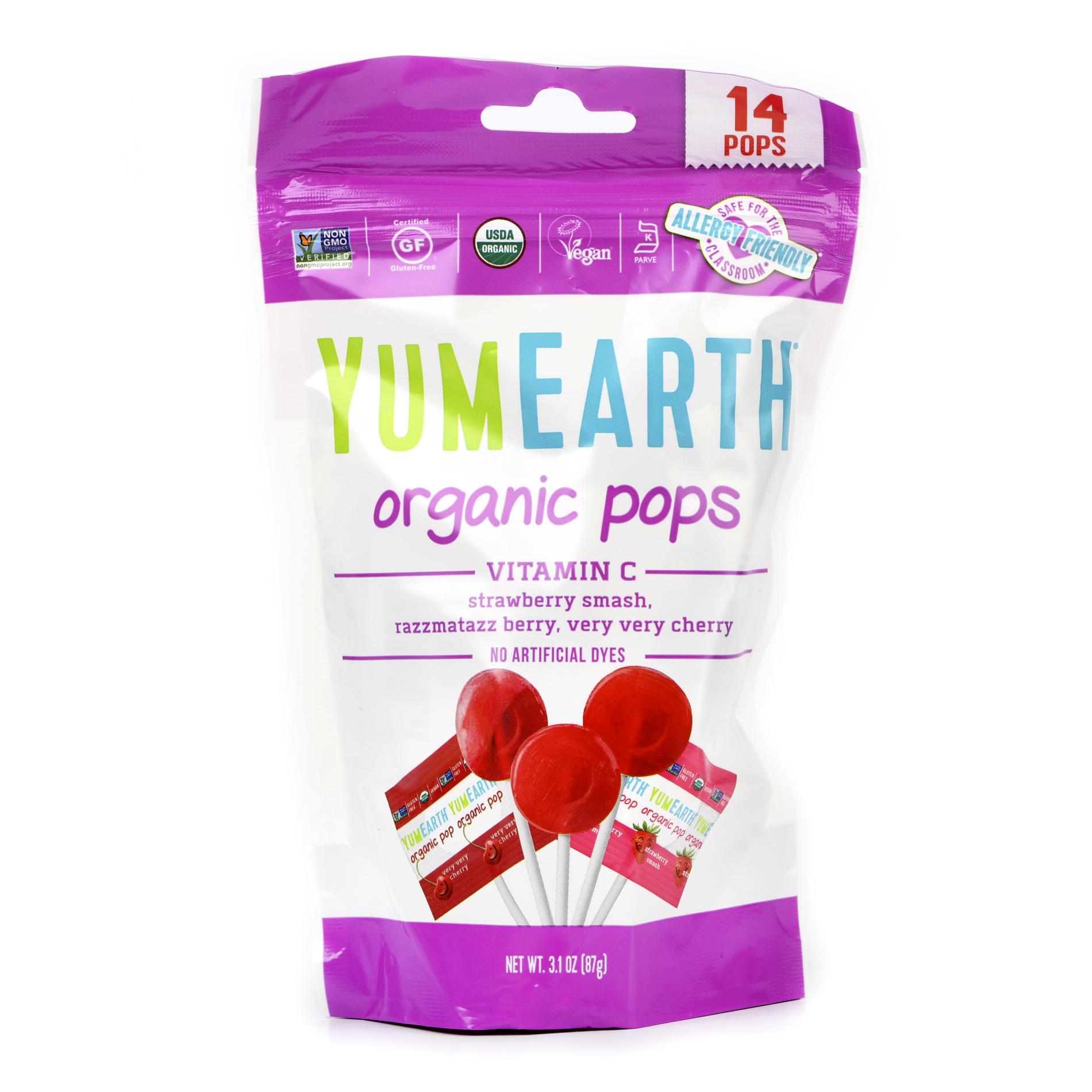 Органическая карамель Organic Витамин С Lollipops на палочке со вкусами   сочная Клубника , спелая Малина, насыщенная Вишня Yum Earth - 85 г